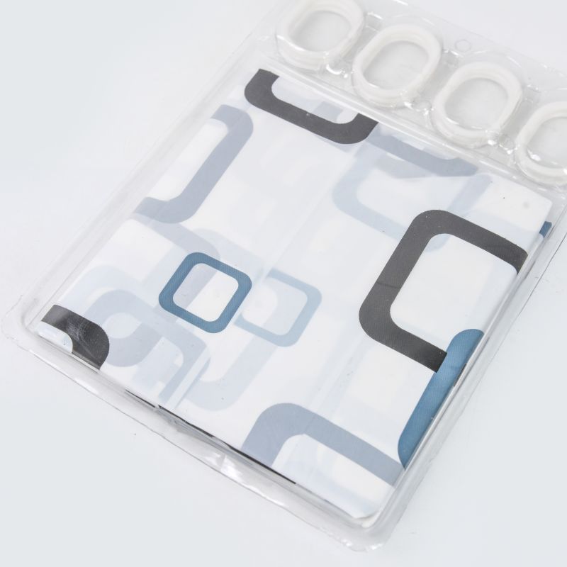 Shell PE waterproof plastic shower curtain with 12 mixed flower hooks.