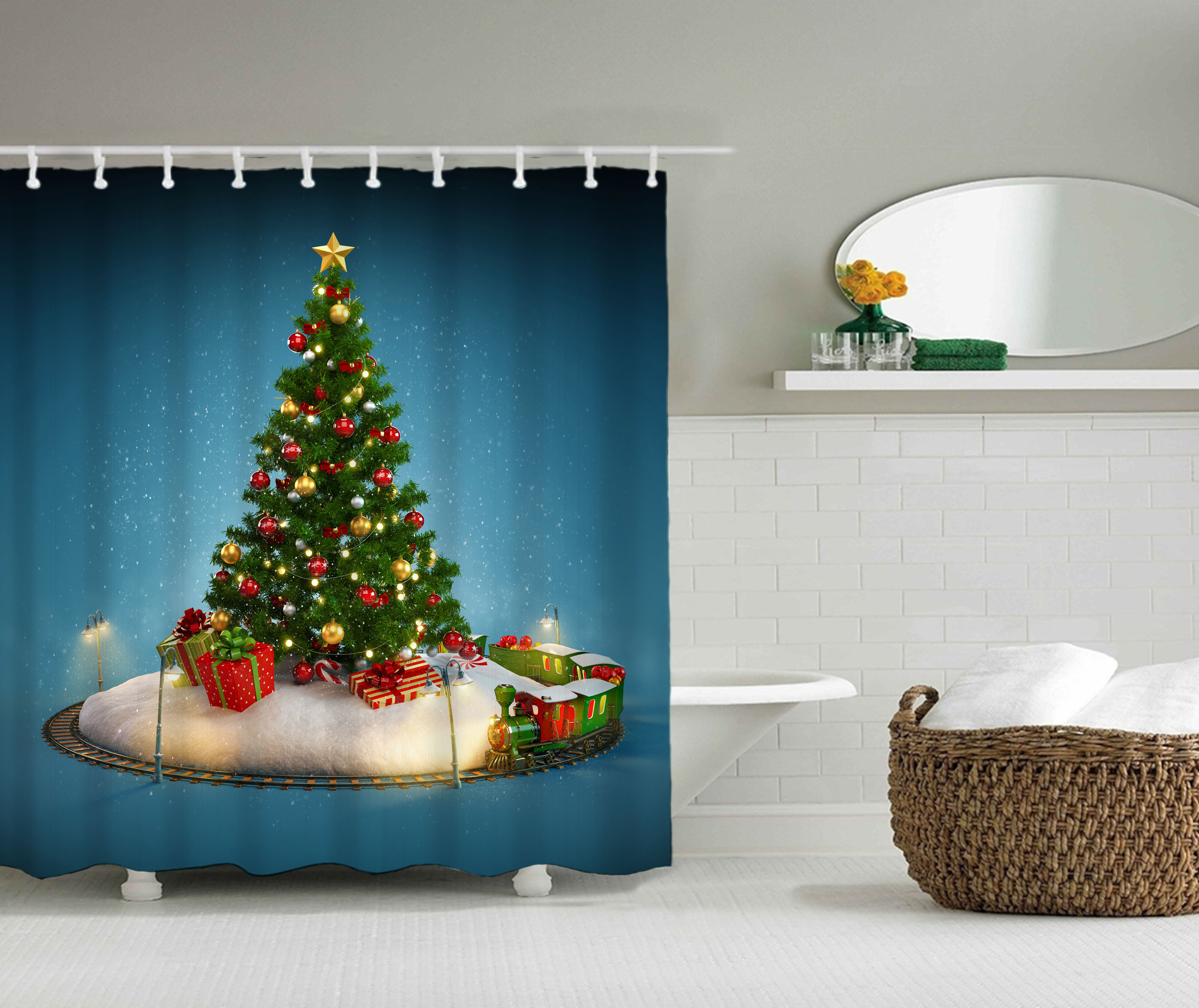 Hotel bathroom waterproof shower curtain digital printing Amazon shower curtain simple Christmas curtain full figure