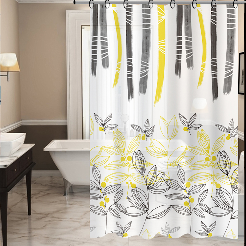 Factory direct PEVA plastic printed shower curtain Waterproof bathroom bathroom partition curtain yellow leaf hook PVC bag full figure
